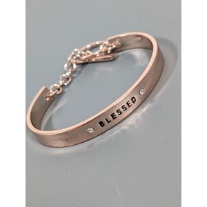Rose Gold Tone Blessed Bracelet Rhinestone Cuff Bangle Toggle Chain 7in